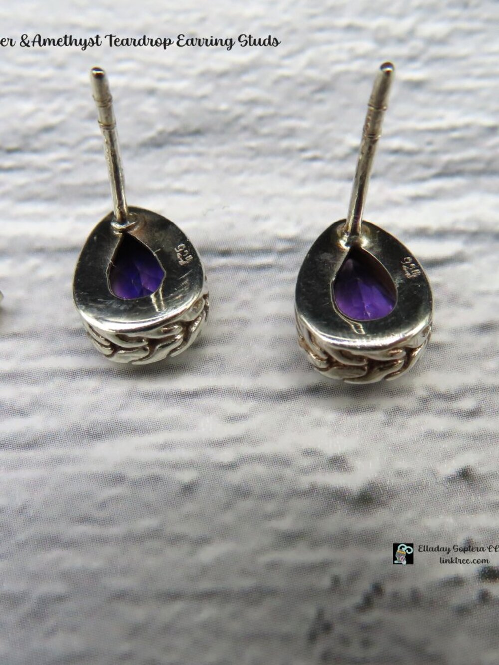 [SALE] Sterling Silver & Amethyst Teardrop Style Earring Studs - Picture 3 of 6